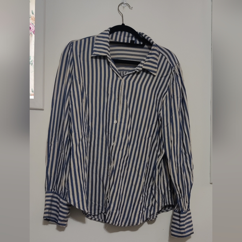 Ann Taylor Factory Blue White Stripe Button Up Blouse